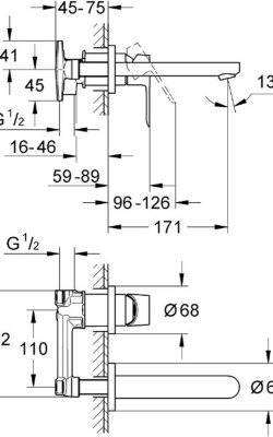 Grohe BauEdge 20474001 – Μίκτης νιπτήρα με επιτοίχια εγκατάσταση (2 οπές) διαστασεις