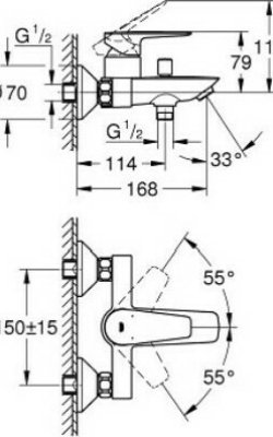 Grohe BauEdge – Επιτοίχιος Μίκτης Μπανιέρας/Ντους 23604001 diastaseis 