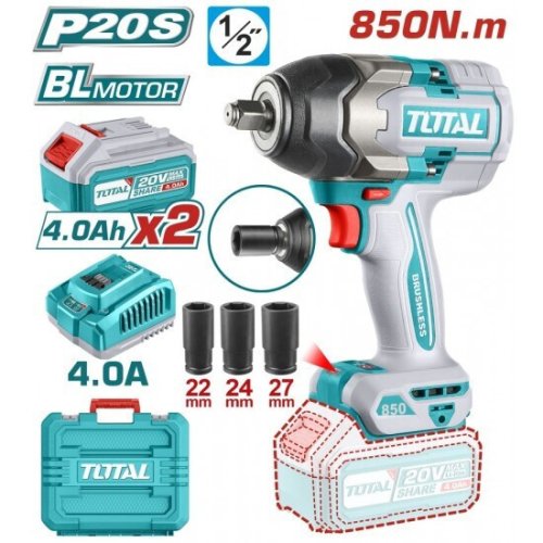 Total TIWLI2085 – Brushless Μπουλονόκλειδο 20V με 2x4Ah Μπαταρίες & Φορτιστή (Υποδοχή 1/2")