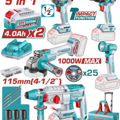 Total Brushless Combo Kit 20 V – 5 Εργαλεία με 2x4 Ah & Θήκη (TCKLI20592E)