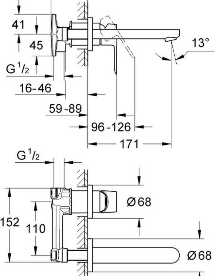 Grohe BauEdge 20474001 – Μίκτης νιπτήρα με επιτοίχια εγκατάσταση (2 οπές) διαστασεις
