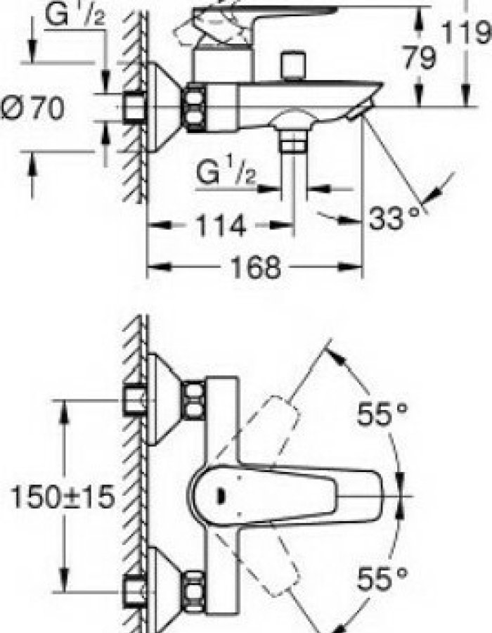 Grohe BauEdge – Επιτοίχιος Μίκτης Μπανιέρας/Ντους 23604001 diastaseis 