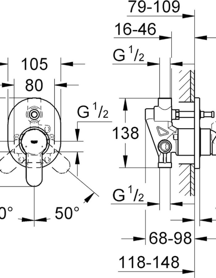  Grohe BauEdge – Εντοιχιζόμενη Μπαταρία Μπανιέρας/Ντους 29039000 diastaseis