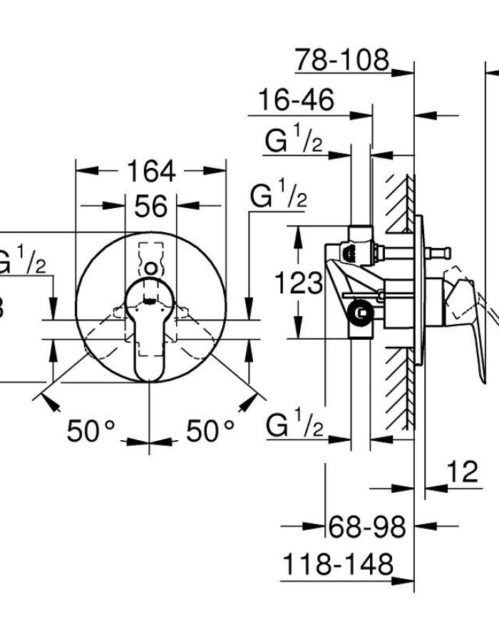  Grohe BauEdge Μίκτης Μπαταρίας Εντοιχισμού για Μπανιέρα 2 Εξόδων Ασημί 29079000 διαστασεις
