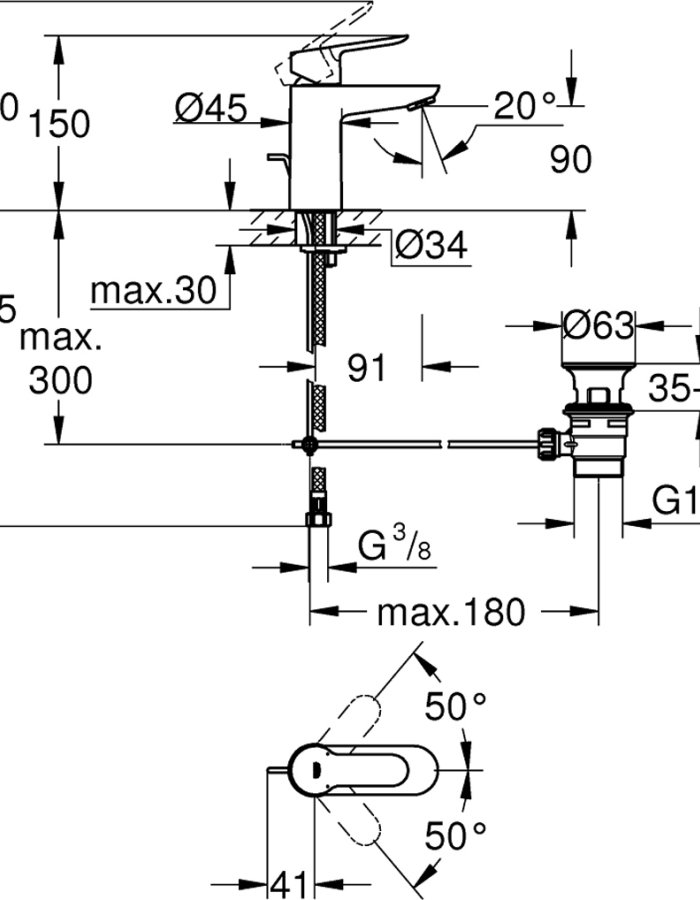 Grohe Bauedge Αναμεικτική Μπαταρία Νιπτήρα Ασημί 
