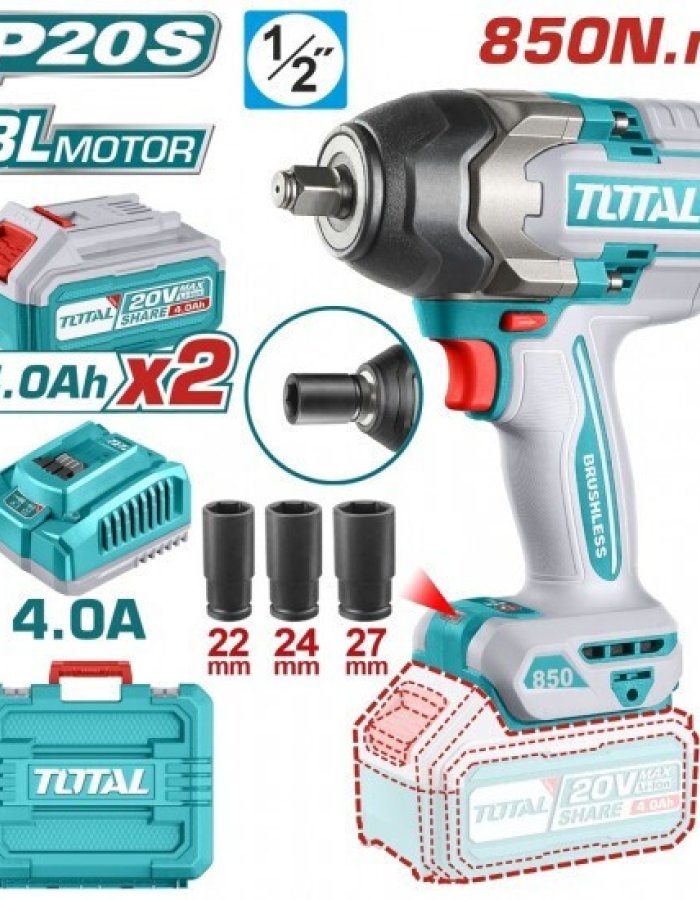 Total TIWLI2085 – Brushless Μπουλονόκλειδο 20V με 2x4Ah Μπαταρίες & Φορτιστή (Υποδοχή 1/2")