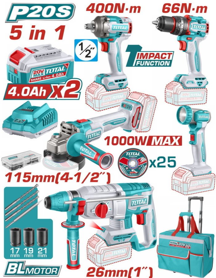 Total Brushless Combo Kit 20 V – 5 Εργαλεία με 2x4 Ah & Θήκη (TCKLI20592E)
